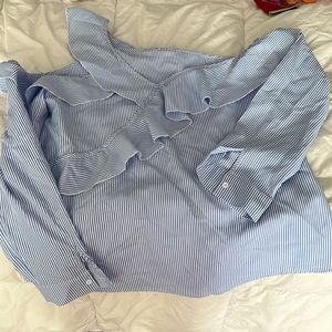 White cold-shoulder with blue stripes blouse